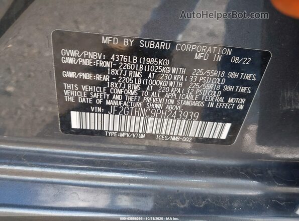 JF2GTHNC9PH243939 2023 SUBARU CROSSTREK Серебряный Вид подкапотного пространства