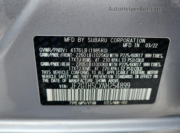JF2GTHSCXNH254899 2022 SUBARU CROSSTREK Silver Widok wnętrza 360 stopni