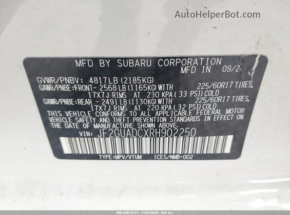 JF2GUADCXRH902250 2024 SUBARU CROSSTREK Белый Вид подкапотного пространства