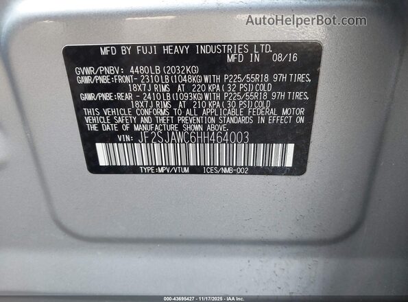 JF2SJAWC6HH464003 2017 SUBARU FORESTER 2.5I TO Серебряный Вид подкапотного пространства