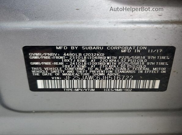JF2SJAWC6JH516722 2018 SUBARU FORESTER 2.5I TO Синий Вид наклейки с VIN-кодом