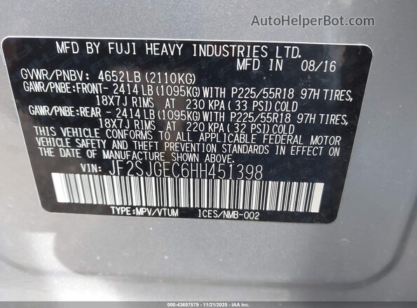 JF2SJGEC6HH451398 2017 SUBARU FORESTER2. Серебряный Вид подкапотного пространства