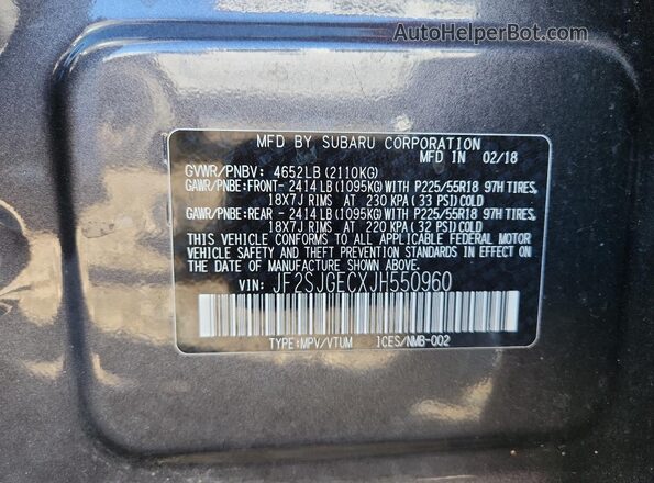 JF2SJGECXJH550960 2018 SUBARU FORESTER2. Gray Widok naklejki z numerem VIN