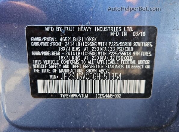 JF2SJGVC6GH551354 2016 SUBARU FORESTER2. Синий Панорамный вид салона 360°