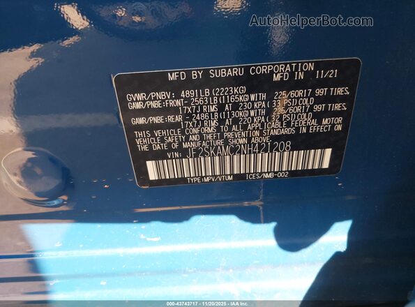 JF2SKAMC2NH421208 2022 SUBARU FORESTER Синий Вид подкапотного пространства