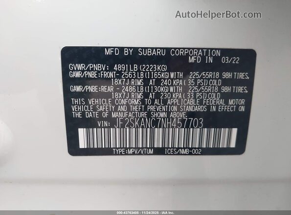 JF2SKANC7NH457703 2022 SUBARU FORESTER White Engine compartment view
