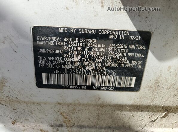 JF2SKARC7MH504236 2021 SUBARU FORESTER White 360 interior view