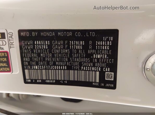 JHMZC5F17JC006498 2018 HONDA CLARITY PLUG-IN HYBRID Белый Вид подкапотного пространства