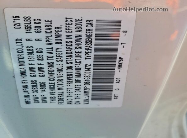 JHMZF1D61GS001472 2016 HONDA CR-Z Белый Вид подкапотного пространства
