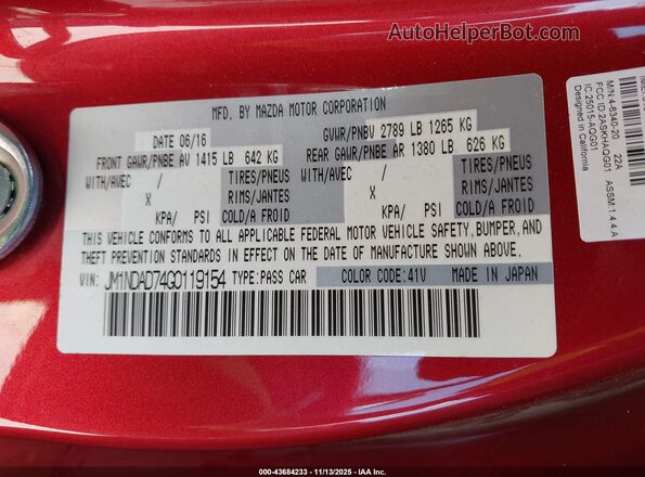 JM1NDAD74G0119154 2016 MAZDA MX-5 MIATA Красный Вид подкапотного пространства