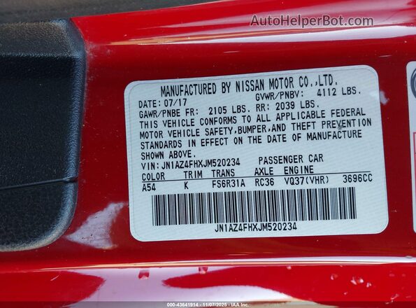 JN1AZ4FHXJM520234 2018 NISSAN 370Z Красный Вид подкапотного пространства