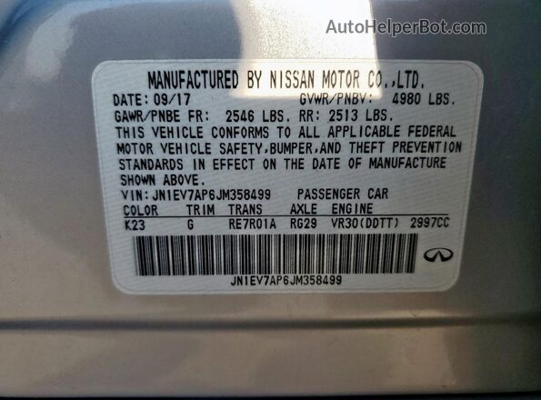 JN1EV7AP6JM358499 2018 INFINITI Q50 Серебряный Вид наклейки с VIN-кодом