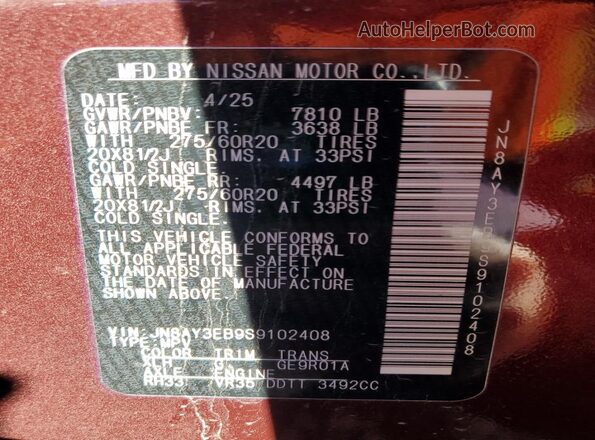 JN8AY3EB9S9102408 2025 NISSAN ARMADA Бордовый Вид наклейки с VIN-кодом