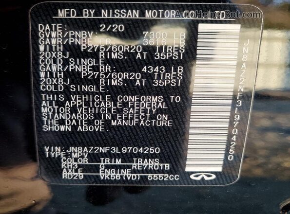 JN8AZ2NF3L9704250 2020 INFINITI QX80 Черный Вид наклейки с VIN-кодом