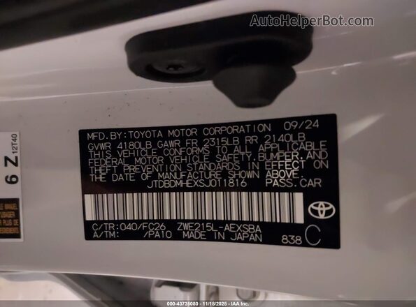 JTDBDMHEXSJ011816 2025 TOYOTA LL Белый Вид подкапотного пространства
