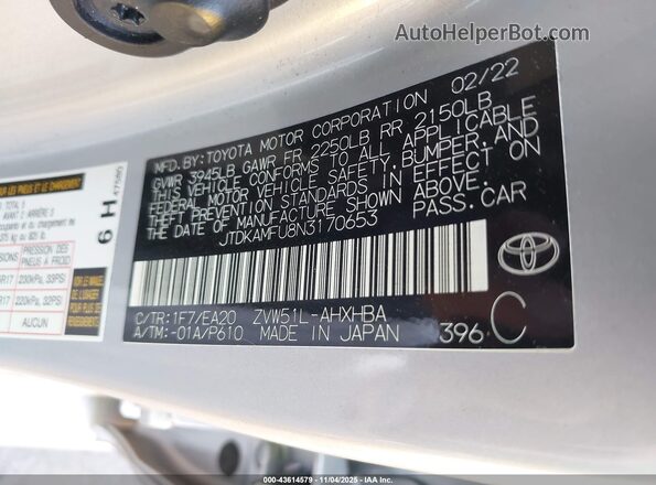 JTDKAMFU8N3170653 2022 TOYOTA PRIUS Silver Vista del compartimento del motor