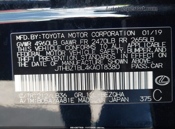 JTHBZ1BL4KA018380 2019 LEXUS GS 350 Black Вид підкапотного простору
