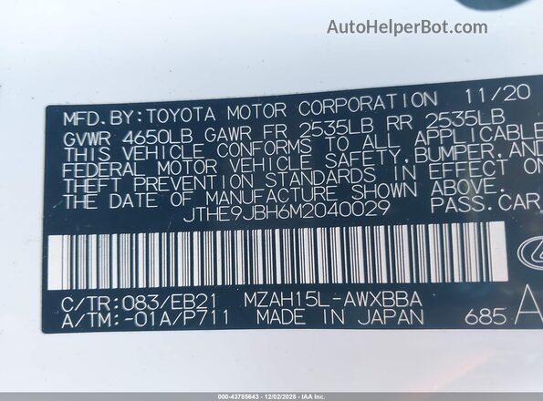 JTHE9JBH6M2040029 2021 LEXUS UX 250H White Vista del compartimento del motor