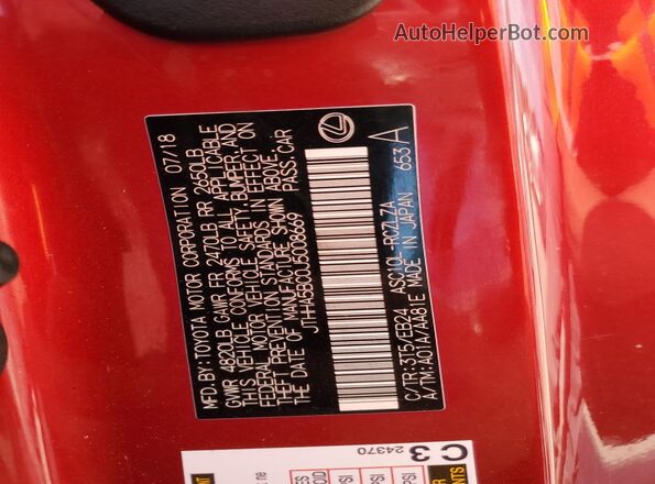 JTHHA5BC0J5008669 2018 LEXUS RC Red VIN კოდის სტიკერის ხედი