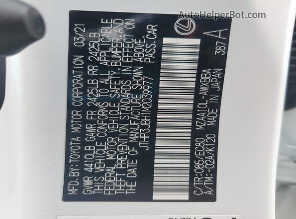 JTHP3JBH1M2039977 2021 LEXUS UX Белый Вид наклейки с VIN-кодом