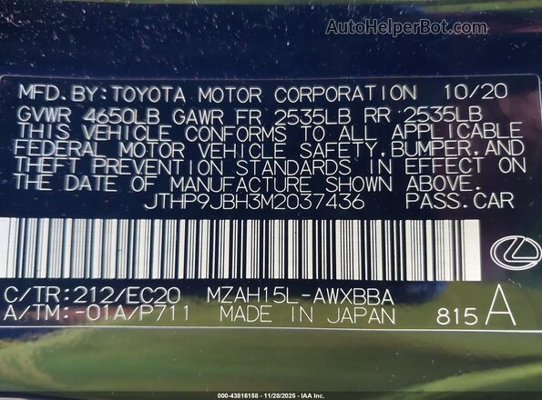 JTHP9JBH3M2037436 2021 LEXUS UX 250H Black Vista del compartimento del motor