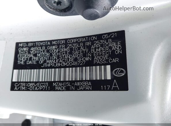JTHP9JBH3M2048727 2021 LEXUS UX 250H White Widok komory silnika