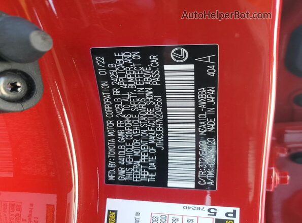 JTHX3JBH7N2049561 2022 LEXUS UX Red Vista de la etiqueta del VIN