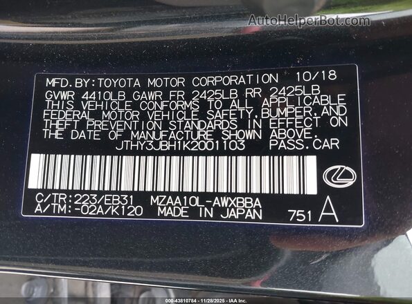 JTHY3JBH1K2001103 2019 LEXUS UX 200 Black Vista del compartimento del motor