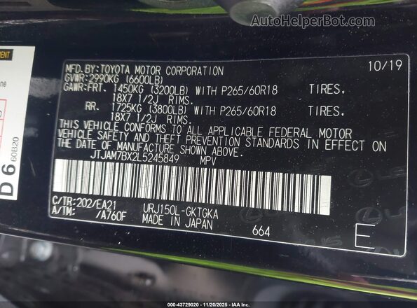 JTJAM7BX2L5245849 2020 LEXUS GX 460 Черный Вид подкапотного пространства