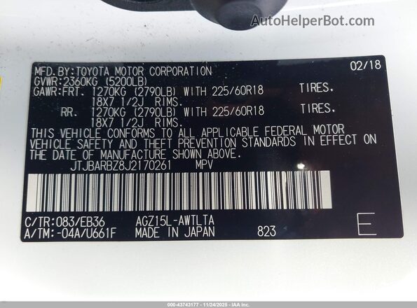 JTJBARBZ8J2170261 2018 LEXUS NX 300 White Вид підкапотного простору