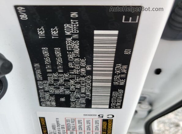 JTJJM7FX2K5240126 2019 LEXUS GX Белый Вид наклейки с VIN-кодом