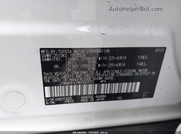 JTMAB3FV7MD050377 2021 TOYOTA RAV4 PRIME Белый Вид подкапотного пространства