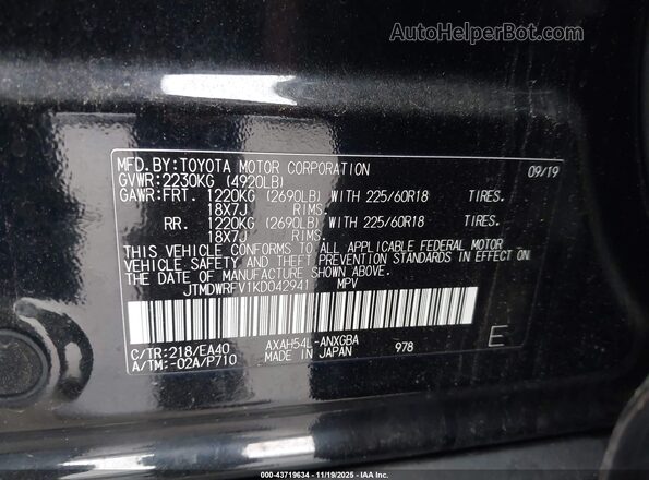 JTMDWRFV1KD042941 2019 TOYOTA LIMITED Black Vista del compartimento del motor