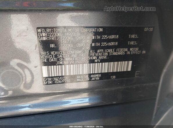 JTME6RFV9LD502255 2020 TOYOTA RAV4 HYBRID Gray Widok komory silnika
