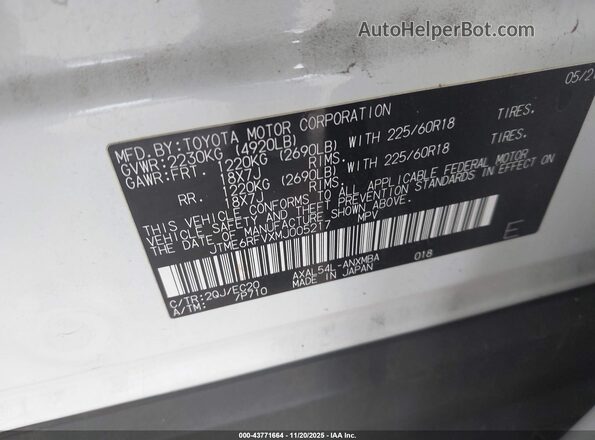 JTME6RFVXMJ005217 2021 TOYOTA RAV4 HYBRID White Вид підкапотного простору