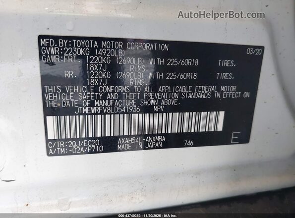 JTMEWRFV8LD541936 2020 TOYOTA RAV4 HYBRID White ძრავის განყოფილების ხედი