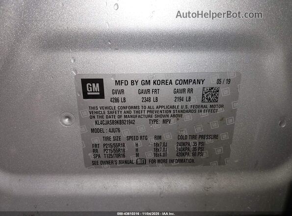 KL4CJASB9KB921942 2019 BUICK ENCORE Серебряный Вид подкапотного пространства