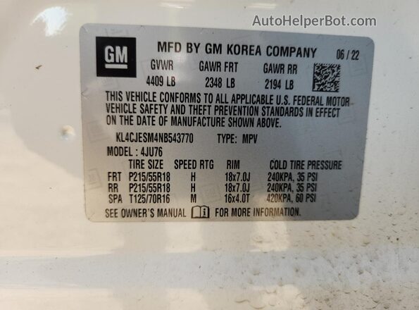 KL4CJESM4NB543770 2022 BUICK ENCORE Белый Панорамный вид салона 360°