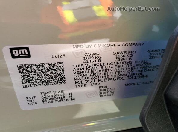 KL77LKEP6SC331994 2025 CHEVROLET TRAX Зеленый Вид наклейки с VIN-кодом
