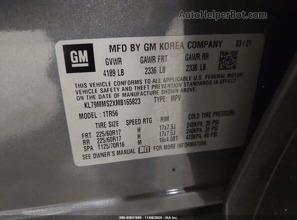 KL79MMS2XMB165823 2021 CHEVROLET TRAILBLAZER Gray Engine compartment view