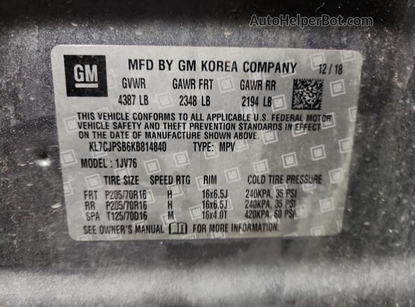 KL7CJPSB6KB814840 2019 CHEVROLET TRAX Серебряный Вид наклейки с VIN-кодом