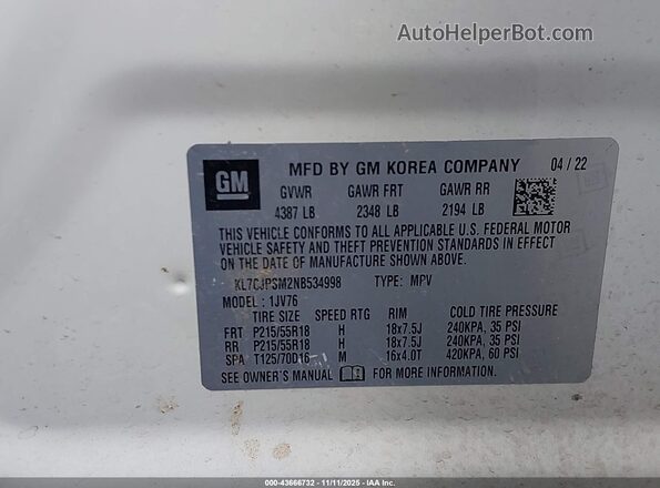 KL7CJPSM2NB534998 2022 CHEVROLET TRAX Белый Вид подкапотного пространства