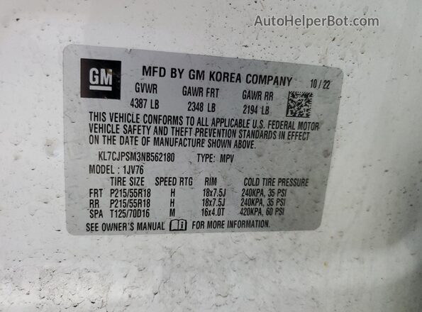 KL7CJPSM3NB562180 2022 CHEVROLET TRAX Белый Вид подкапотного пространства