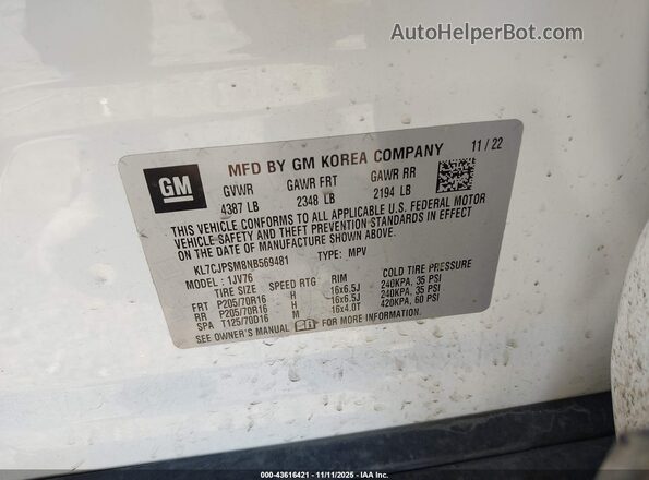 KL7CJPSM8NB569481 2022 CHEVROLET TRAX Белый Вид подкапотного пространства