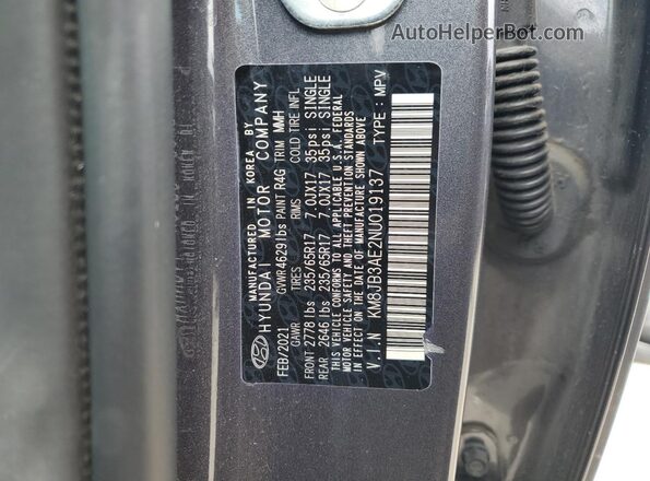 KM8JB3AE2NU019137 2022 HYUNDAI TUCSON Gray Вид наклейки з VIN-кодом