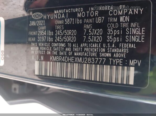 KM8R4DHEXMU283777 2021 HYUNDAI PALISADE Dark Blue Вид подкапотного пространства