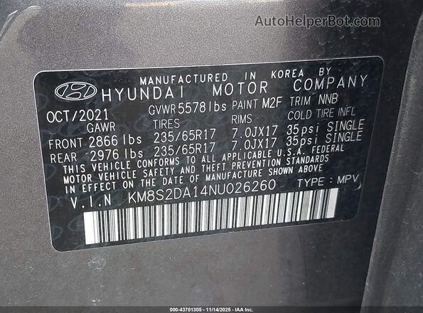 KM8S2DA14NU026260 2022 HYUNDAI SANTA FE HYBRID BLUE Gray Շարժիչի բաժամունքի տեսք