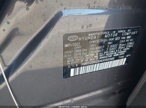 KM8S2DA16NU046946 2022 HYUNDAI SANTA FE HYBRID BLUE Gray Շարժիչի բաժամունքի տեսք