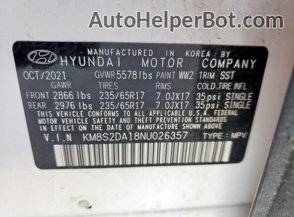 KM8S2DA18NU026357 2022 HYUNDAI SANTA Белый Вид наклейки с VIN-кодом