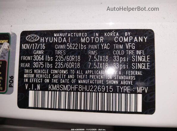 KM8SMDHF8HU226915 2017 HYUNDAI SANTA FE Белый Вид подкапотного пространства